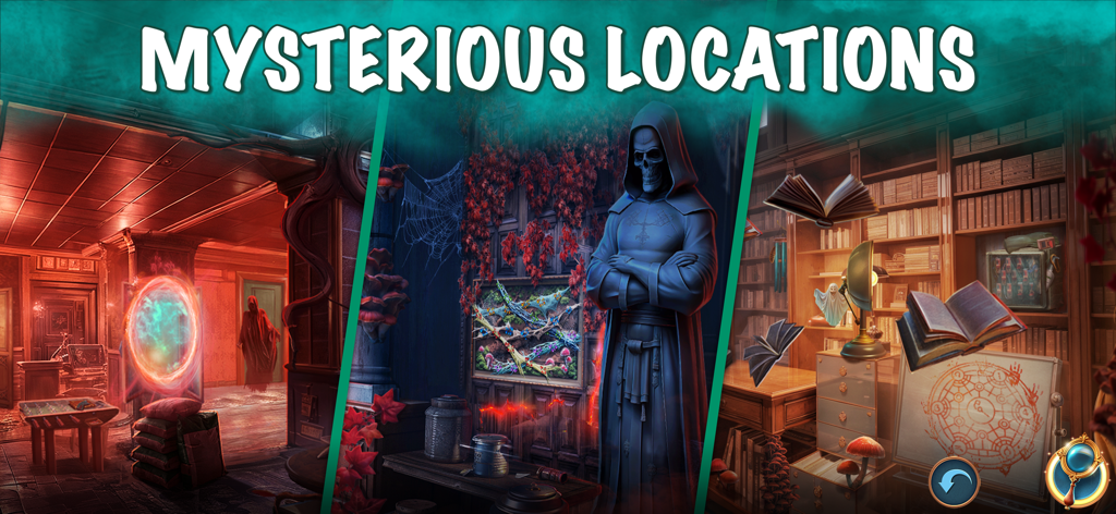 Hidden Objects: Mysteries F2P - Un collage de tres lugares espeluznantes y misteriosos del juego, incluyendo un portal, una figura esquelética y una biblioteca embrujada
