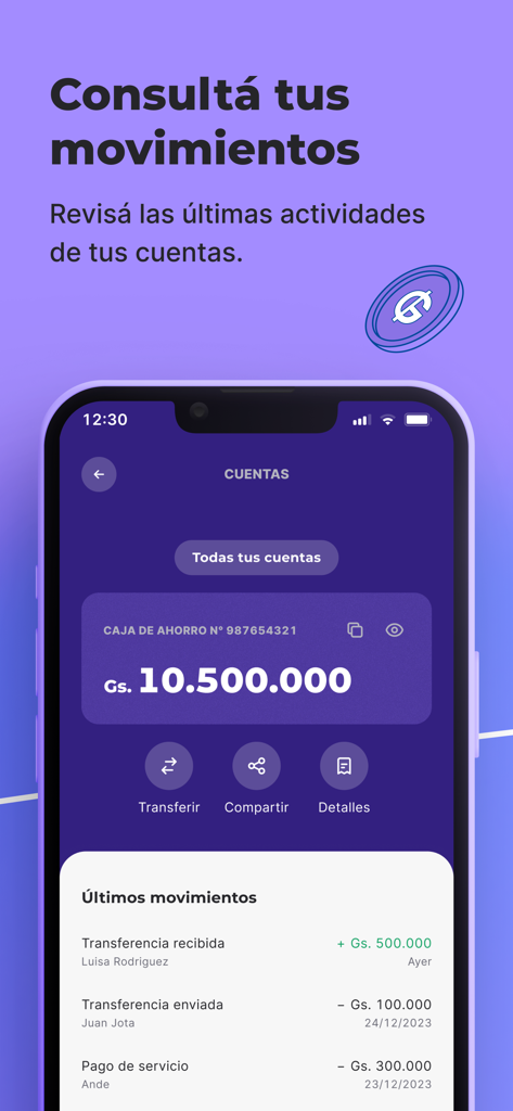 ueno bank empresas - ueno bank empresas app screen showing account balance and transaction history with options to transfer and share details