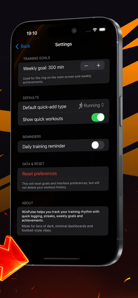 Settings interface of the WinLine Momentum fitness app showing options for training goals and workout reminders