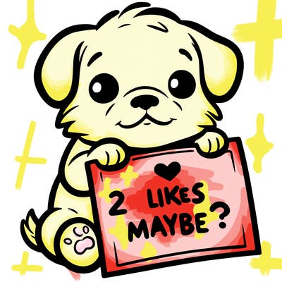 a puppy holding a sign that says 2 likes maybe?