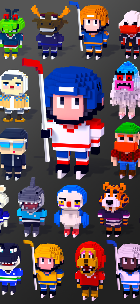 A variety of colorful voxel hockey players and animal mascots from the game Blocky Hockey