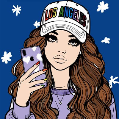 realistic beautiful girl wearing los ángeles cap holding an iphone