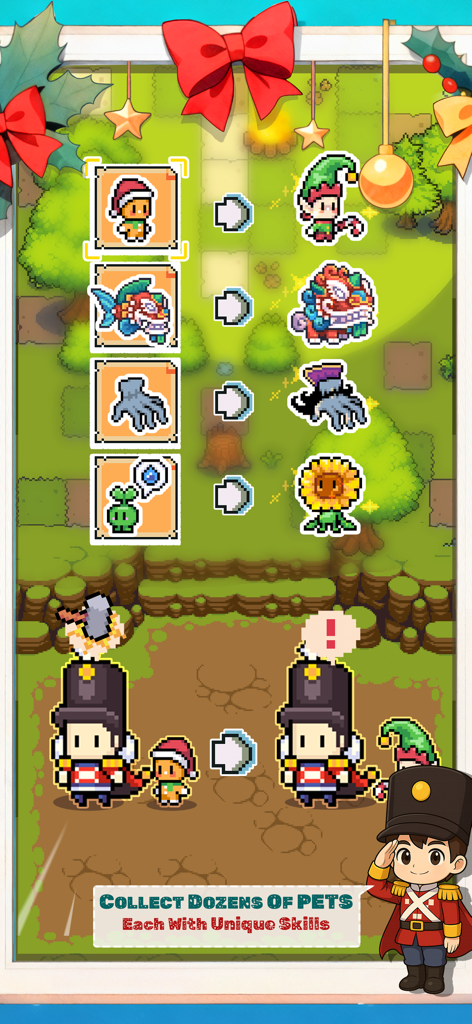 Treasure Hunter - Survival - Pixel art screen showing pet collection and unique skills in Treasure Hunter Survival