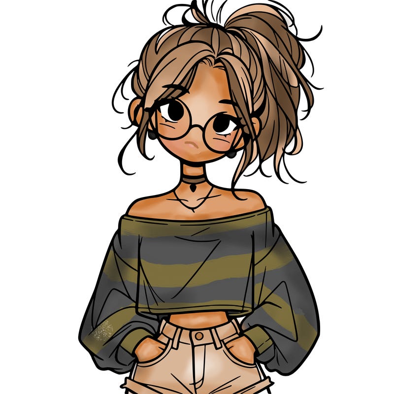 girl with a messy ponytail glasses a baggy crop top and jean shorts