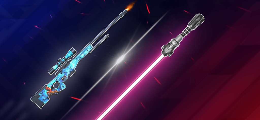 Lightsaber Simulator Gun Sound - Un rifle de francotirador de camuflaje azul y un sable de luz rosa brillante en una aplicación simuladora de armas