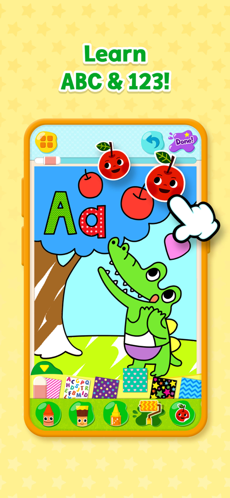 Pinkfong Coloring Fun - Pantalla de la aplicación Pinkfong Coloring Fun que muestra una actividad educativa de colorear el abecedario con pegatinas de caimán y cereza