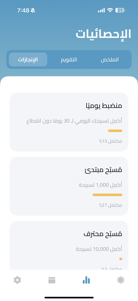 المسبحة الالكترونية - Statistics screen showing achievements and progress in the Electronic Misbaha app