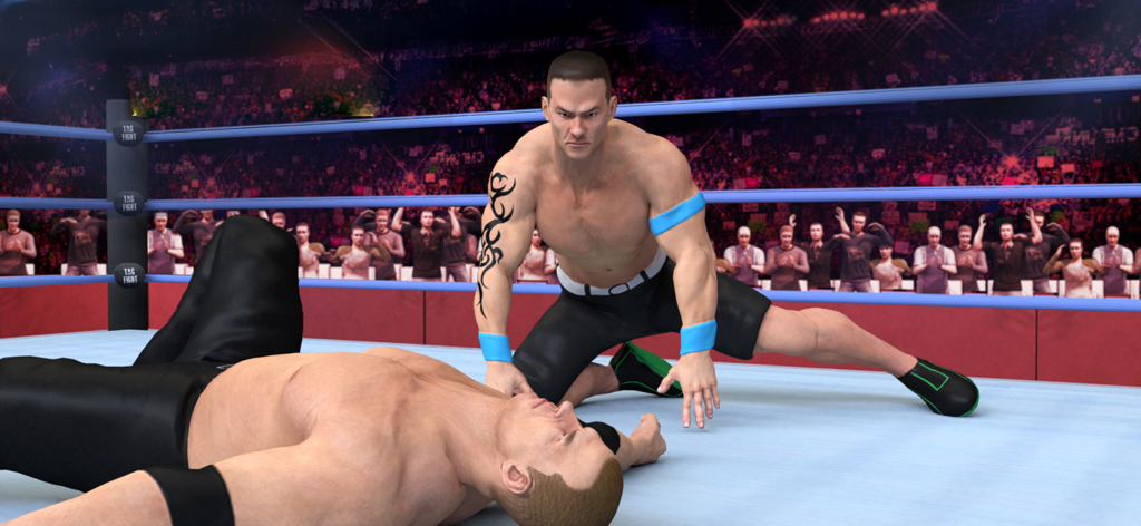 PRO Wrestling : Super Fight 3D - A pro wrestler kneeling over a defeated opponent in a 3D wrestling ring with a crowd background.