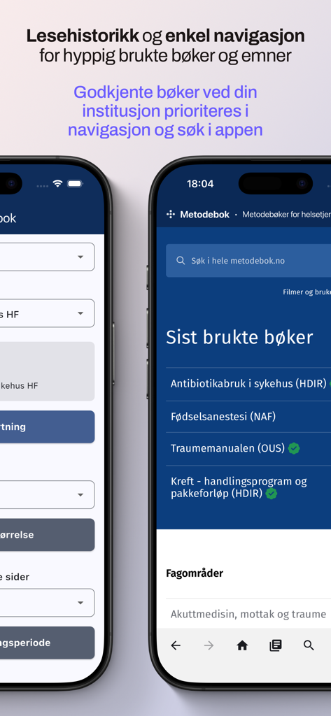 Metodebok Nett - Metodebok Nettアプリのインターフェース。読書履歴と医療プロトコルのナビゲーションが表示されています。