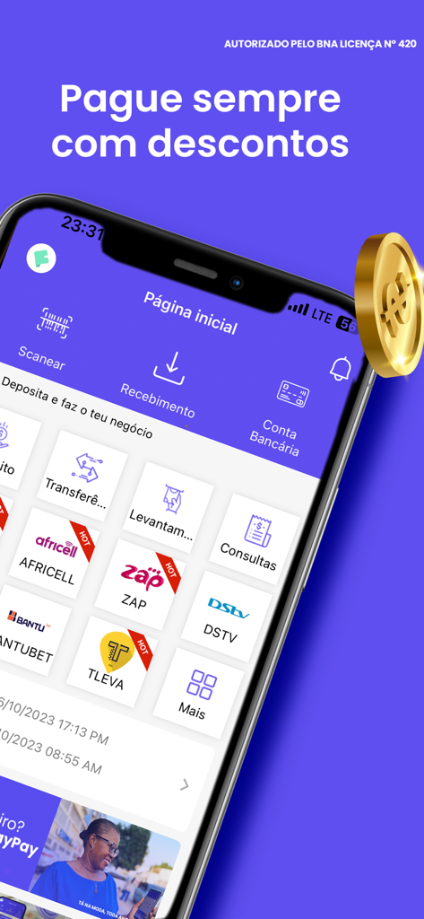 PayPay AO - Dashboard dell'app PayPay AO che mostra servizi finanziari come trasferimenti e pagamenti di utenze per il mercato angolano