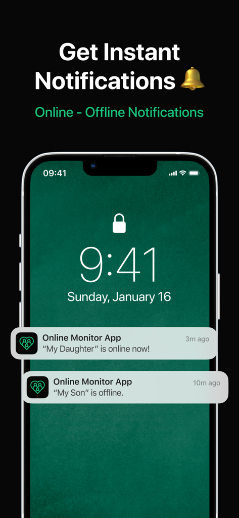 Sperrbildschirm eines iPhones, der sofortige Benachrichtigungen für den Online- und Offline-Status von Familienmitgliedern zeigt