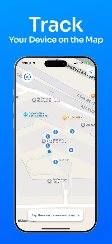 Map view showing the location of multiple tracked Bluetooth devices within the app