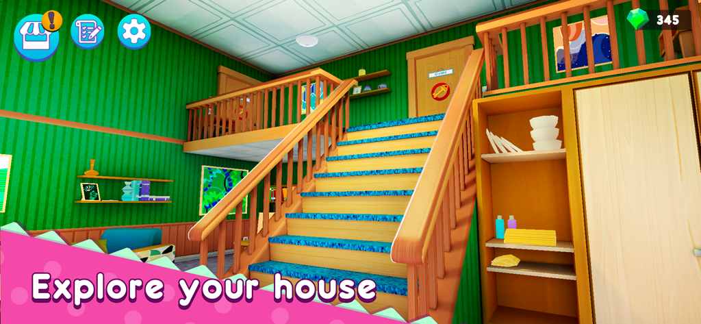 A colorful 3D house interior with a wooden staircase and shelving in the Homemaker Mother Simulator game