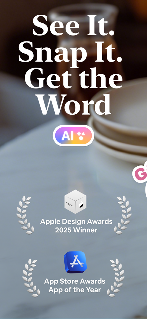 CapWords AI: Learn Languages - CapWords AI promotional screen highlighting Apple Design Award 2025 and App Store App of the Year honors