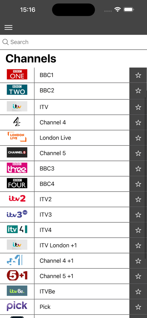 TV Guide UK British Listings - TV 가이드 UK 앱의 스크린샷으로, 로고와 이름이 있는 영국 텔레비전 채널 목록이 표시됩니다.
