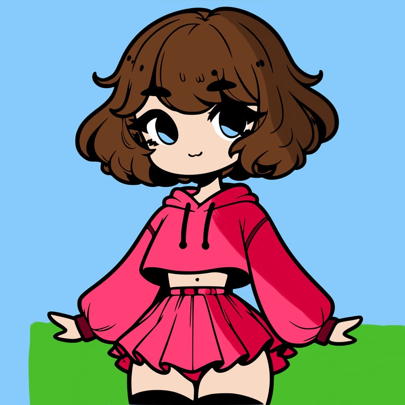 cute femboy with short, fluffy hair that softly frames their face, wearing a cropped hoodie, paired with a flouncy short skirt, and thigh-high stockings