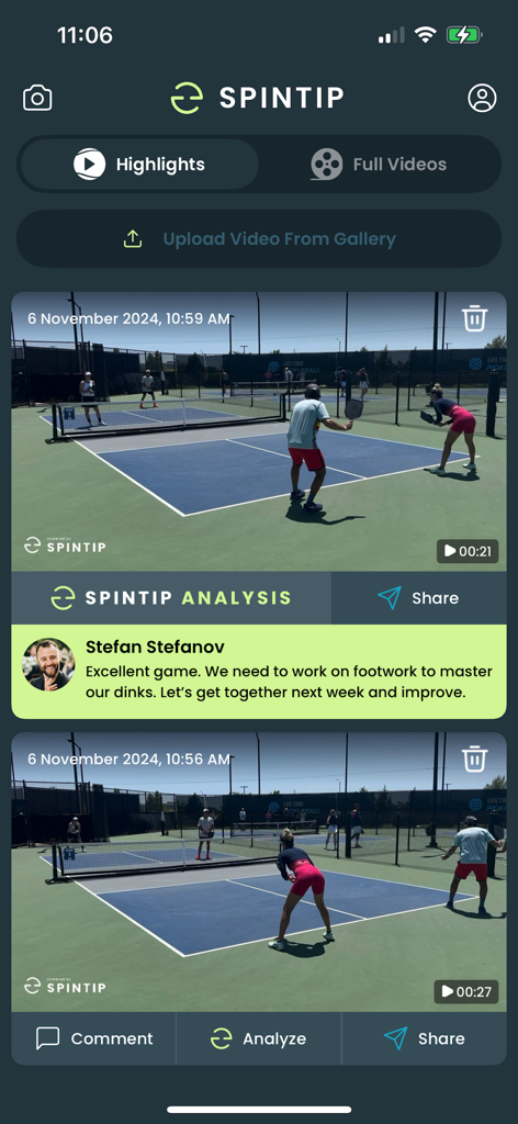 Spintip app interface showing a pickleball game video with expert coaching feedback and match highlights