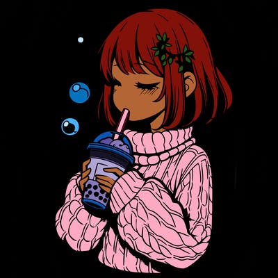 manga girl drinking boba in cozy sweater