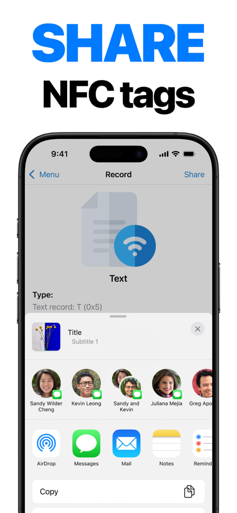 NFC Tools app interface showing the share menu for an NFC tag record on iPhone