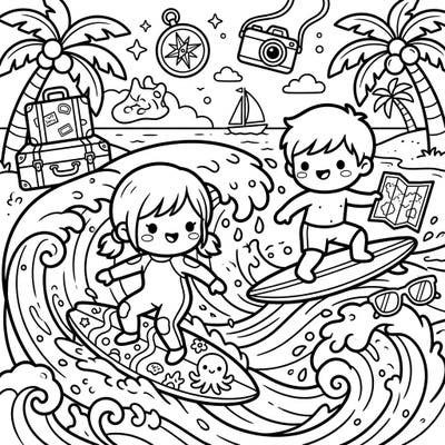Catch a wave of cuteness with this Kawaii Surfers Vacation coloring page, featuring two happy children enjoying the ocean. This delightful design is perfect for anyone dreaming of sunny beaches and fun-filled travels.