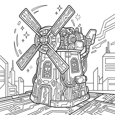 Unleash your creativity with this incredible coloring page featuring a unique cyberpunk windmill! Kids will love bringing this futuristic structure to life with their favorite colors and imagining a high-tech world.
