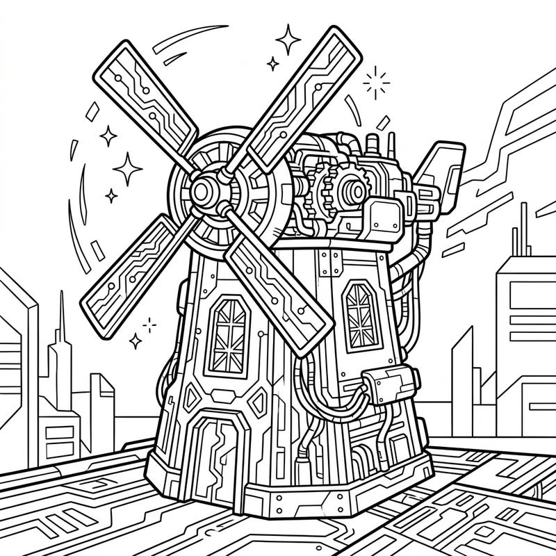 Unleash your creativity with this incredible coloring page featuring a unique cyberpunk windmill! Kids will love bringing this futuristic structure to life with their favorite colors and imagining a high-tech world.