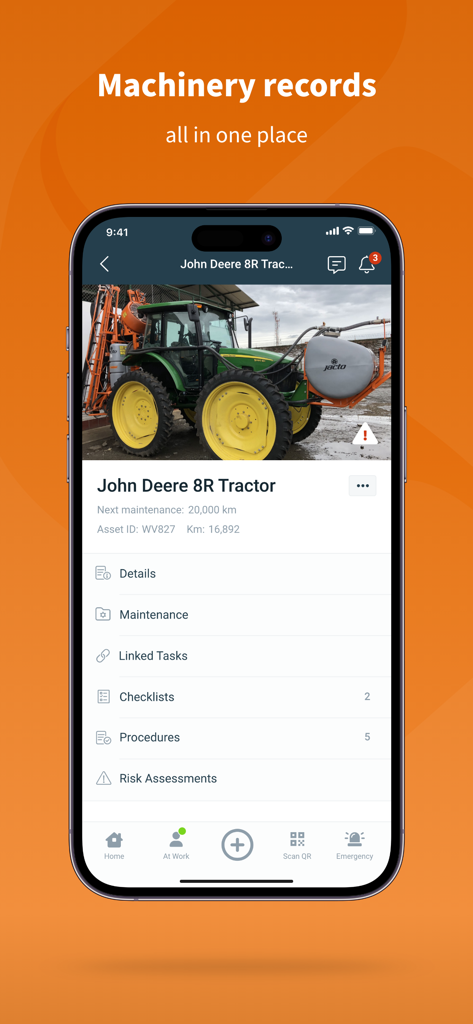 Safe Ag Systems™ - Un'interfaccia di app mobile che mostra i registri dei macchinari per un trattore John Deere, inclusi log di manutenzione e procedure di sicurezza.