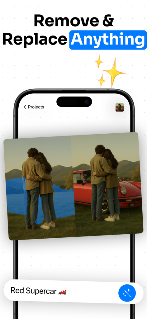 Drostudio: AI Photo Editor - Drostudio app interface demonstrating the AI generative fill feature by adding a realistic red supercar to a photo of a couple