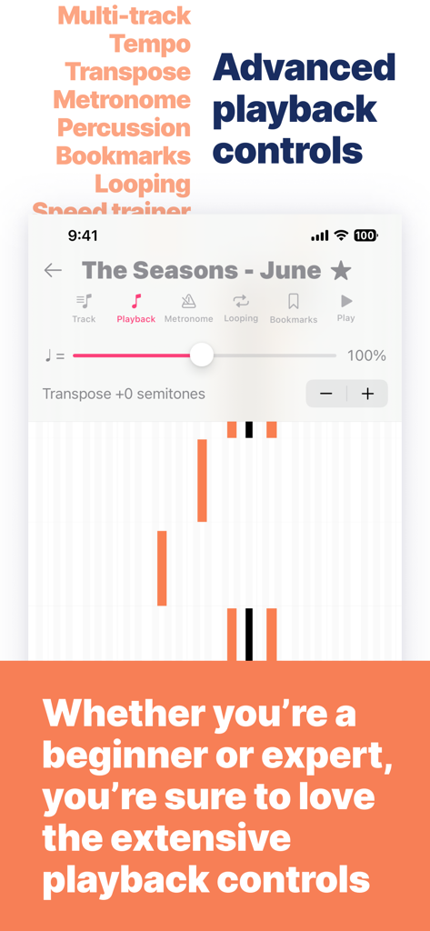 Piano Tabs: Learn & Practice - Captura de pantalla de un smartphone de la aplicación Pestañas de Piano mostrando configuraciones avanzadas de reproducción como ajuste de tempo y transposición para una pieza musical.