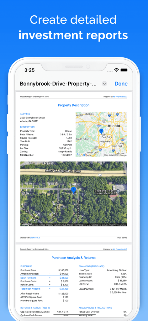 DealCheck: Analyze Real Estate - DealCheckアプリ内の財務分析、物件説明、地図を表示する詳細な不動産投資物件レポート