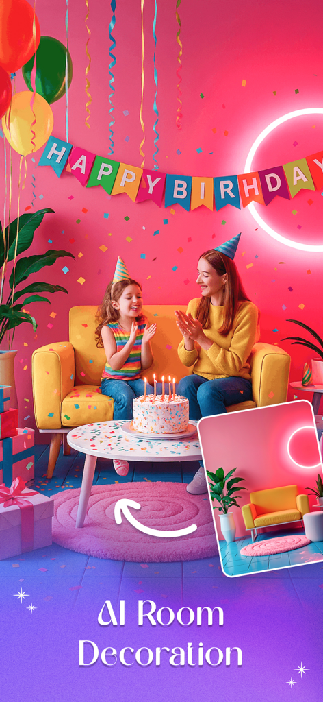 AI Event Designer: Venue Decor - A colorful birthday party scene created with AI room decoration software featuring a mother and daughter.