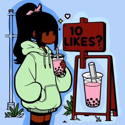 girl with oversized hoodie drinking boba and she has a high ponytail with a sign that says 10likes?