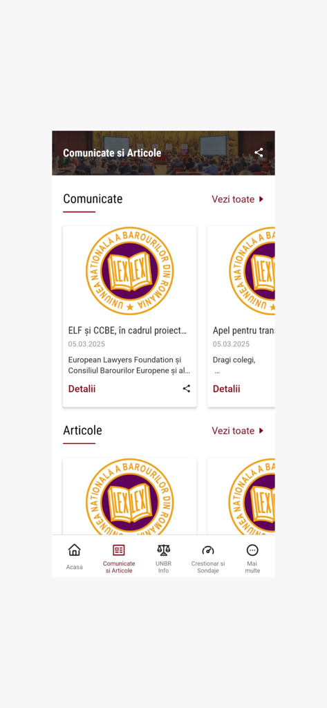 UNBR Info - UNBR Info mobile app displaying a list of official legal articles and communications