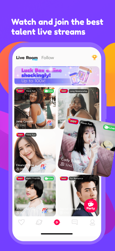 Voya - make friends for real - Interface of the Voya app showing various live streaming rooms with user profile pictures and social tags