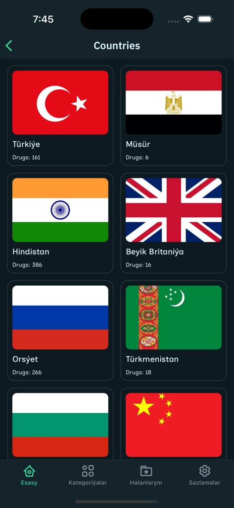 Melhem - Captura de tela do aplicativo Melhem mostrando uma lista de países de origem de medicamentos com contagem de medicamentos correspondente