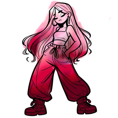 girl in baggy pants crop top and long hair