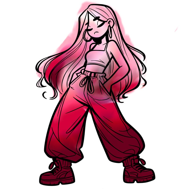 girl in baggy pants crop top and long hair