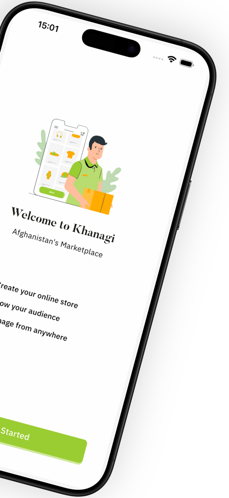 Khanagi - Willkommensbildschirm der Khanagi-App mit dem Text Willkommen bei Khanagi Afghanistans Marktplatz mit einer Illustration eines Lieferboten.