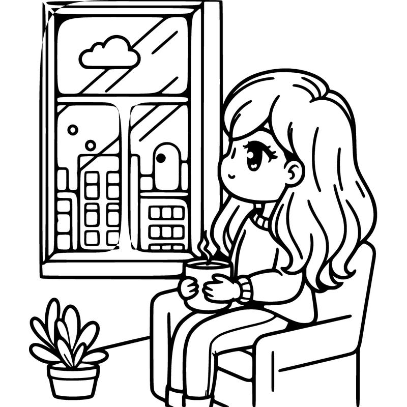 girl with coffee mug sitting on a chair looking out a glass window