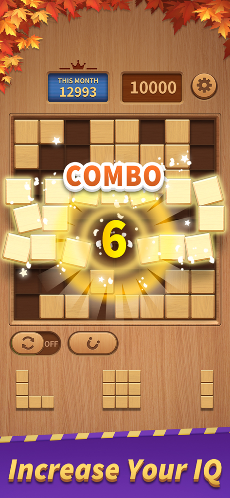 Ein Holzblock-Puzzle-Spielbildschirm, der eine hohe Punktzahl-Kombination und ein Raster aus Holzfliesen zeigt