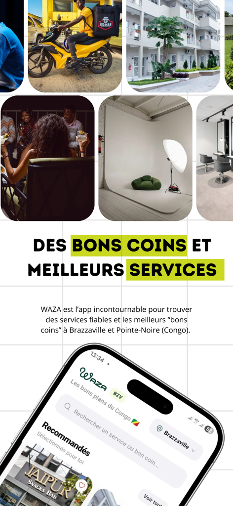 Waza app - Interfaz de la aplicación Waza mostrando servicios locales y lugares recomendados en Brazzaville y Pointe Noire.