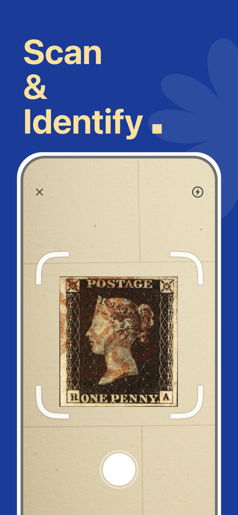 Interface do aplicativo PhilSnap escaneando um selo postal vintage para identificação