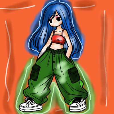 girl in baggy pants, crop top, and long hair