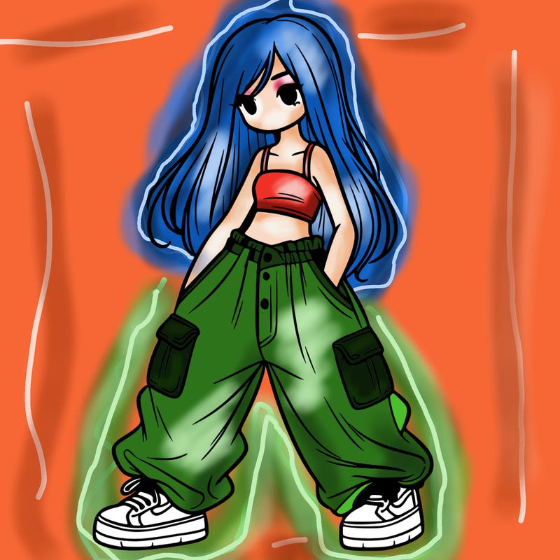 girl in baggy pants, crop top, and long hair