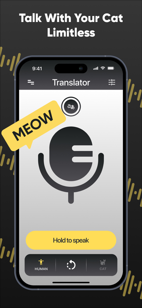 Interface do aplicativo NeowTalk mostrando o recurso de tradução de voz de humano para gato com um botão de microfone.