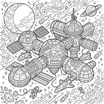 Embark on an interstellar journey with this captivating coloring page featuring a commercial space hotel. Discover intricate details of a futuristic space station, complete with astronauts, spacecraft, and celestial wonders ready for your creative touch.