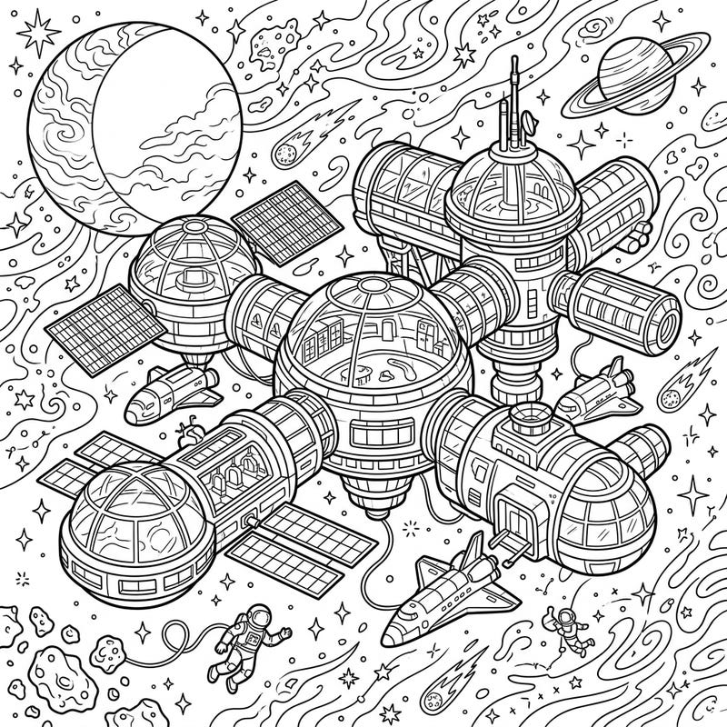 Embark on an interstellar journey with this captivating coloring page featuring a commercial space hotel. Discover intricate details of a futuristic space station, complete with astronauts, spacecraft, and celestial wonders ready for your creative touch.