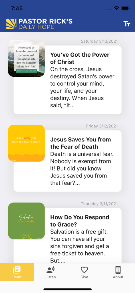 Daily Hope - The read section of Pastor Rick's Daily Hope app featuring a chronological list of daily Bible devotionals