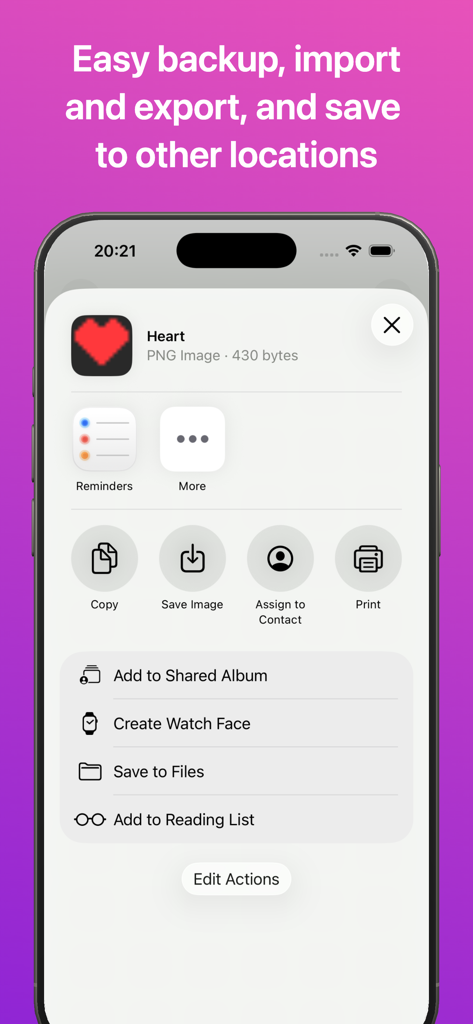 iOS share menu showing options to save and export a 16x16 pixel heart icon from the Pixel Draw app