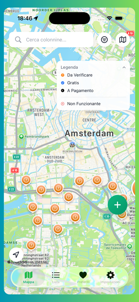 Free Charging Stations - Interaktive Karte von Amsterdam, die E-Ladestationen mit einer Statusanzeige anzeigt.